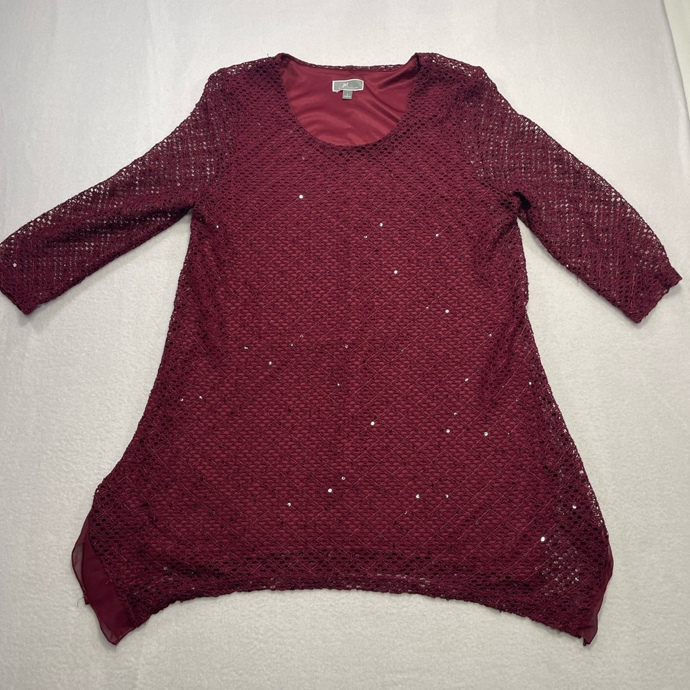JM Collection Burgundy Sequin Lace Tunic Dress 3/4 Sleeve Large